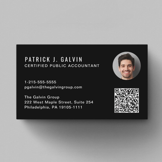 CPA-revisor QR-kod Svart Foto Visitkort (CPA Accountant QR Code Black Photo Business Card)