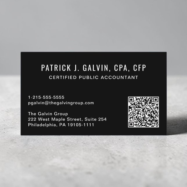 CPA-revisor Svart QR-kod Visitkort (CPA Accountant Black QR Code Business Card)