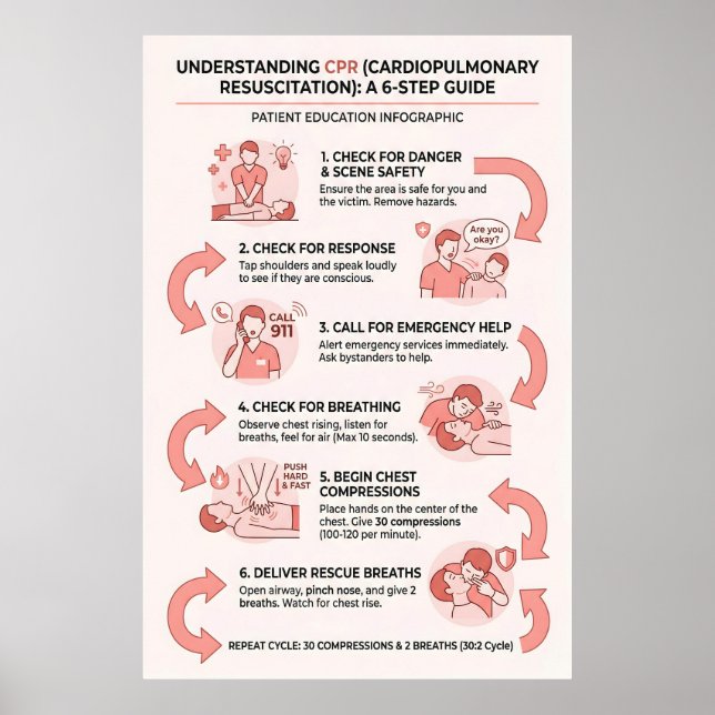 CPR 6-stegs guide: Hjärt-lungräddning Poster (Framsidan)