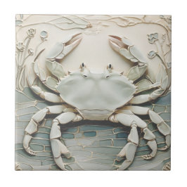 Crab Art nouveau Faux Relief White & Mint Pastel Kakelplatta