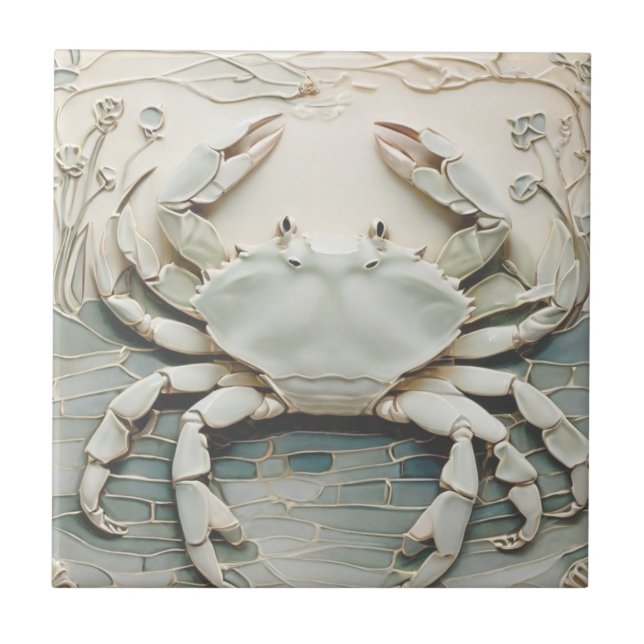 Crab Art nouveau Faux Relief White & Mint Pastel Kakelplatta (Framsidan)