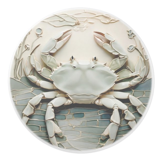 Crab Art nouveau Faux Relief White & Mint Pastel Knopp (Framsidan)