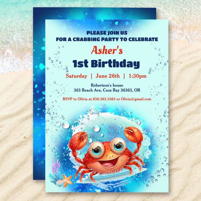 Crab Bassäng 1:a födelsedag Party Blue Boy Anpassn Inbjudningar (Crab Pool 1st Birthday Party Blue Boy Custom Age Invitation)
