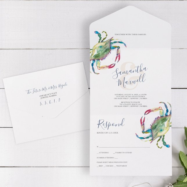 Crab Beach-bröllop alla i en inbjudningsmall (Beach wedding trifold invitation unique watercolor crab by Victoria Grigaliunas of Do Tell A Belle)
