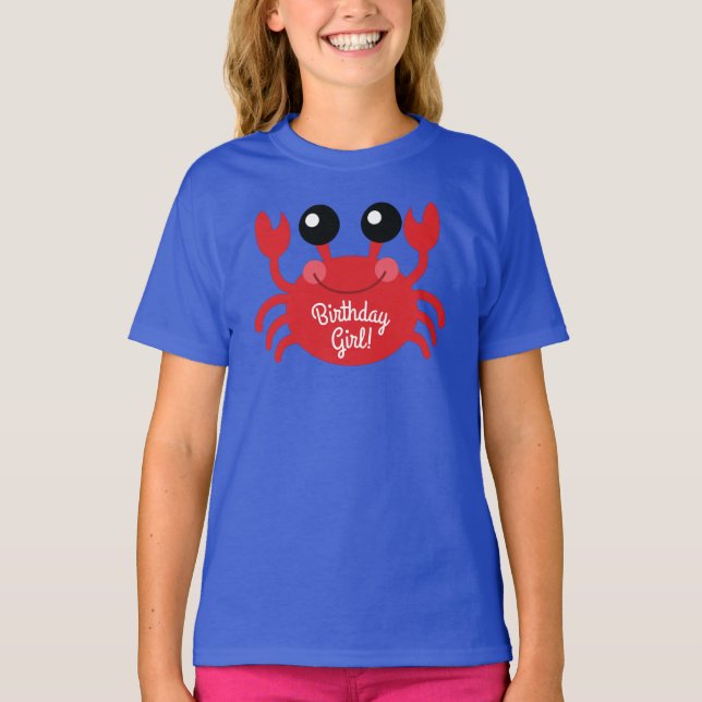 Crab Birthday Girl Cute Tecknad Kids T-Shirt (Framsida)