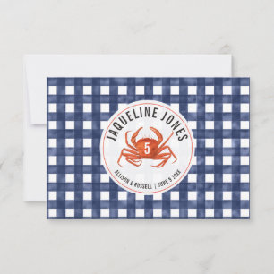 Crab Blue Gingham Bröllop Place Flat Inbjudningar