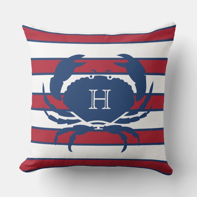 Crab Blue Navy Red White Nautical Modern Rand Kudde (Framsida)
