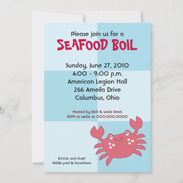 CRAB BOIL Seafood Party 5x7 Birday Baby Shower Inbjudningar (Framsida)