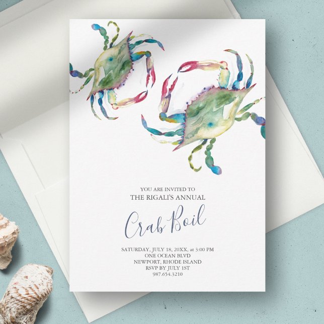 Crab Boil Summer Party-inbjudan (low country boil invitations watercolor blue crab art by Victoria Grigaliunas Do Tell A Belle)