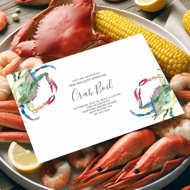 Crab Boil Summer Party-inbjudan (Seafood invitations feature watercolor blue crab art by Victoria Grigaliunas of Do Tell A Belle)