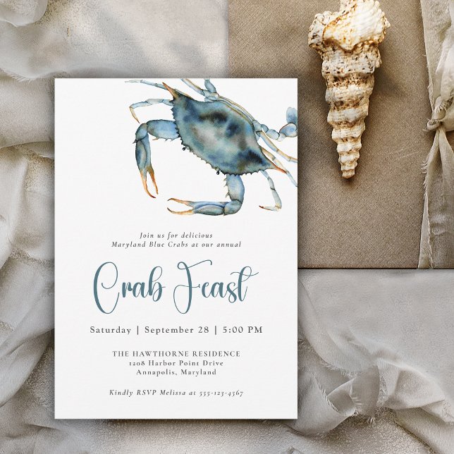 Crab Feast Watercolor Blue Crab Inbjudningar (Available as both printed and paperless digital download!)