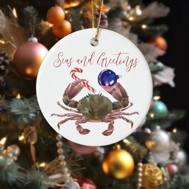 Crab-julfärgen Vatercolor Crustacean Julgransprydnad Keramik (Skapare uppladdad)