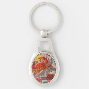 Crab Nautical Beach Seafood Art Ovalt Silverfärgad Nyckelring