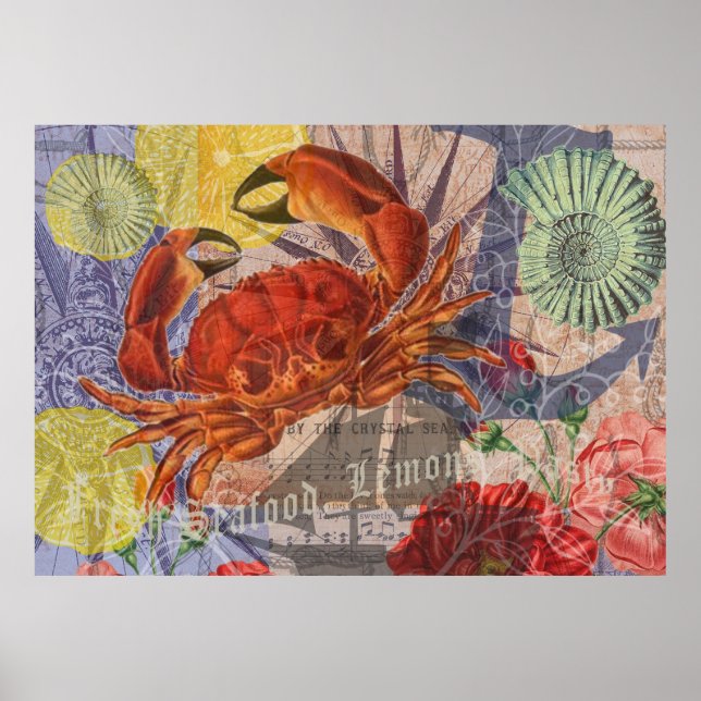 Crab Nautical Beach Seafood Art Poster (Framsidan)