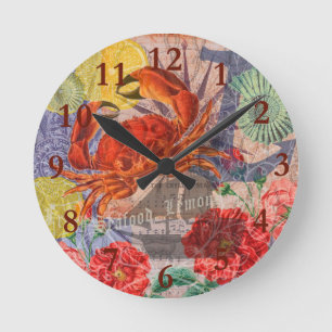 Crab Nautical Beach Seafood Art Rund Klocka