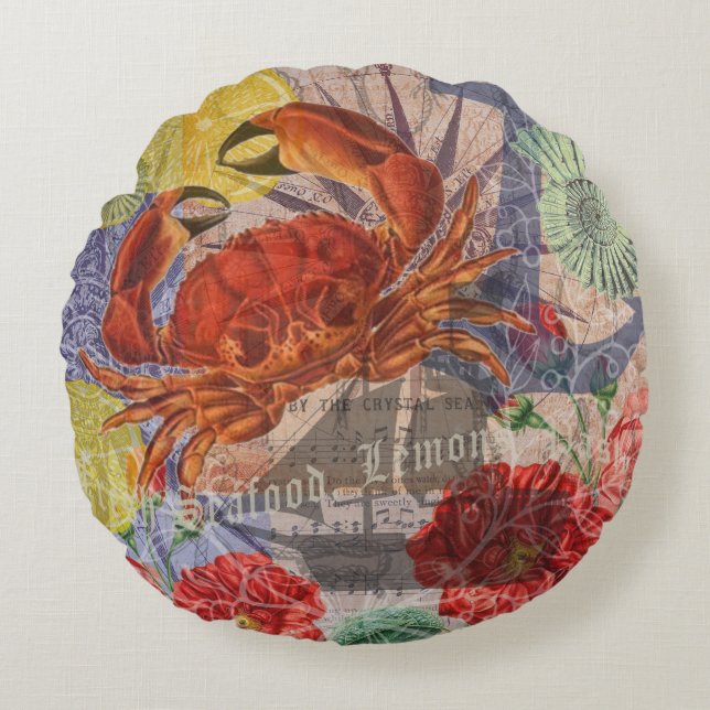 Crab Nautical Beach Seafood Art Rund Kudde (Framsidan)