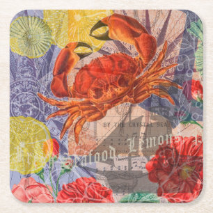 Crab Nautical Beach Seafood Art Underlägg Papper Kvadrat