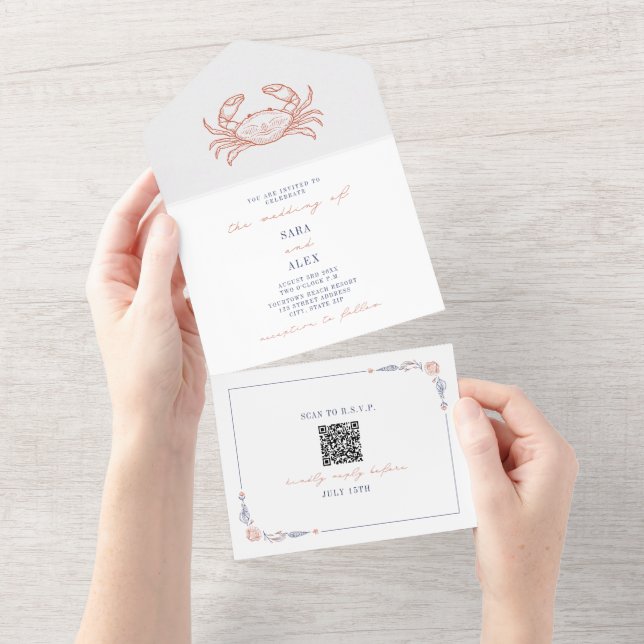 Crab Rustic Beach Wedding Red & Blue QR Code OSA (Tearaway)