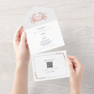 Crab Rustic Beach Wedding Red & Blue QR Code OSA