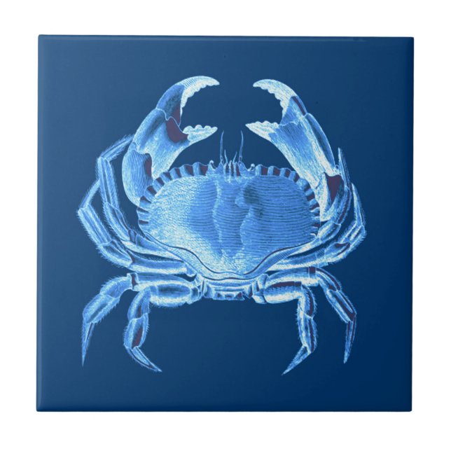 Crab Sea Life Print, Indigo Blue och White Kakelplatta (Framsidan)