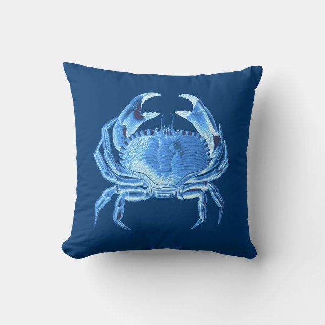 Crab Sea Life Print, Indigo Blue och White Kudde (Framsida)
