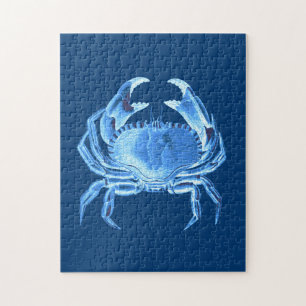 Crab Sea Life Print, Indigo Blue och White Pussel