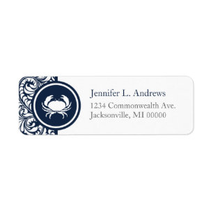 Crab Theme Navy Blue White Damask Beach bröllop Returadress Etikett