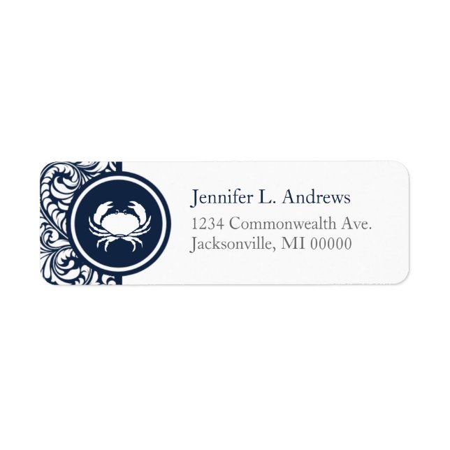 Crab Theme Navy Blue White Damask Beach bröllop Returadress Etikett (Framsidan)