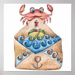 Crab Watercolor Teckning Poster