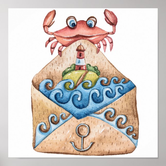 Crab Watercolor Teckning Poster (Framsidan)