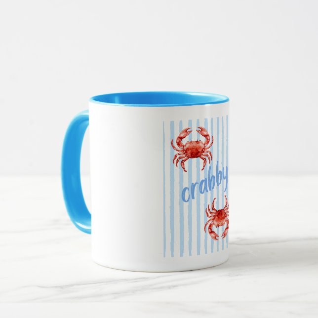CRABBY Röda akvarellkrabbor Pastellblå ränder Mugg (Framsida vänster)