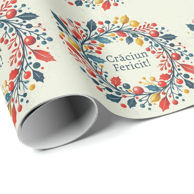 Craciun fericit - Rumänsk - tricolor flagga - vit Presentpapper (Rullad Hörn)