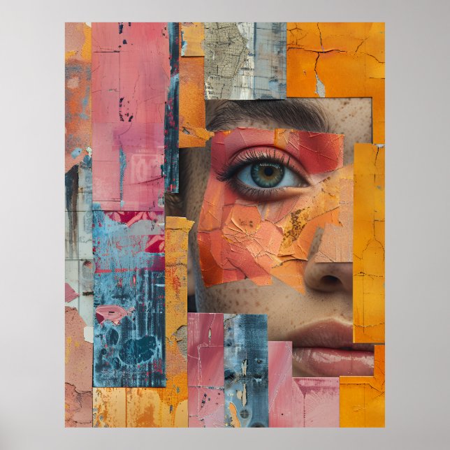 Cracked Paint Face Collage Vibrant Portrait Poster (Framsidan)