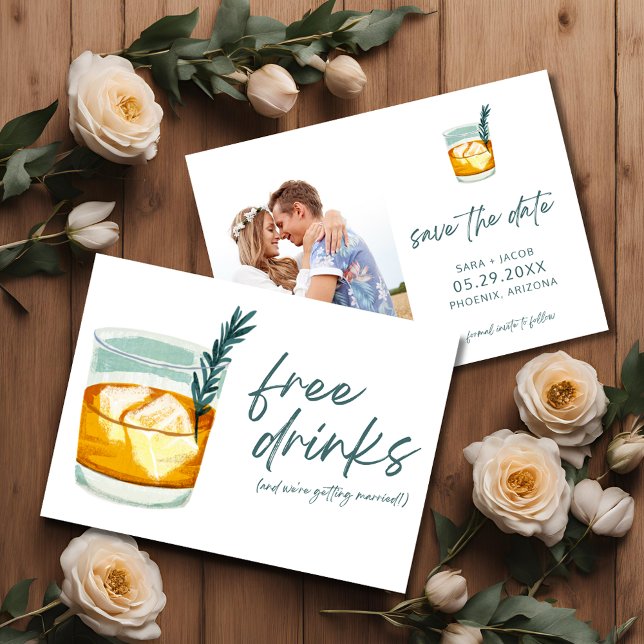 Craft Cocktail Funny Free Drinks Photo Bröllop Spara Datumet (Craft Cocktail Funny Free Drinks Photo Wedding Save The Date)