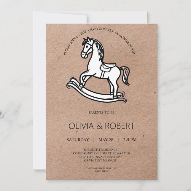 Craft Paper Rocking Horse Baby Shower Invitation Inbjudningar (Framsida)
