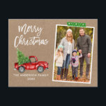 Craft Tape Lastbil-penselskript Kraft-jul Vykort<br><div class="desc">Modern Push Script Watercolor Vintage Red Lastbil med Julgran God jul Family Photo Postcard - Rustic Kraft Papper,  Snowflake Grönt Craft Tape Tape</div>