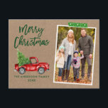 Craft Tape Push Script Lastbil Kraft-jul Vykort<br><div class="desc">Modern Push Script Watercolor Vintage Red Lastbil med Julgran God jul Family Photo Postcard - Rustic Kraft Papper,  Grönt Snowflake Craft Tape Tape</div>