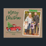 Craft Tape Push Script Lastbil Kraft-jul Vykort<br><div class="desc">Modern Push Script Watercolor Vintage Red Lastbil med Julgran God jul Family Photo Postcard - Rustic Kraft Papper,  Grönt Snowflake Craft Tape Tape</div>