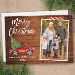 Craft Tape Push Script Wood Lastbil jul Julkort<br><div class="desc">Modern Penselskript Watercolor Vintage Red Lastbil med Julgran God jul Family Photo Helgdag Card - Rustic Land Wood,  Craft Tape Tape Tape Tape</div>