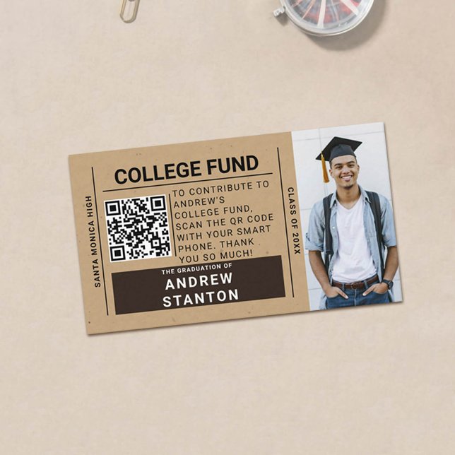 Craft Tartan Play Boy Studenten College QR Tilläggskort (rustic craft graduation photo college fund enclosure card)
