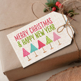 Crafted Christmas Trees, Pink Red Green Linen Presentetikett