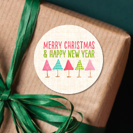 Crafted Christmas Trees, Pink Red Green Linen Runt Klistermärke