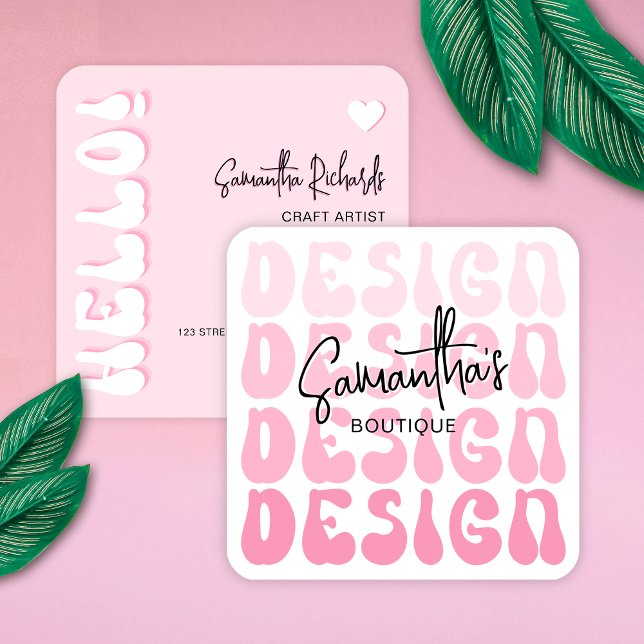 Crafter handgjorda konstruktioner - designer Retro Fyrkantigt Visitkort (Crafter and designers trendy business cards with retro fonts and pink colors)