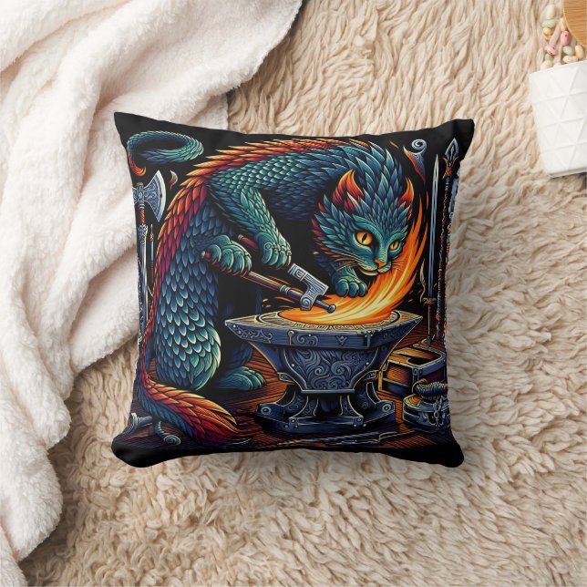 Crafts Flames: Cat Blacksmith på arbetsplatsen Kudde (Filt)