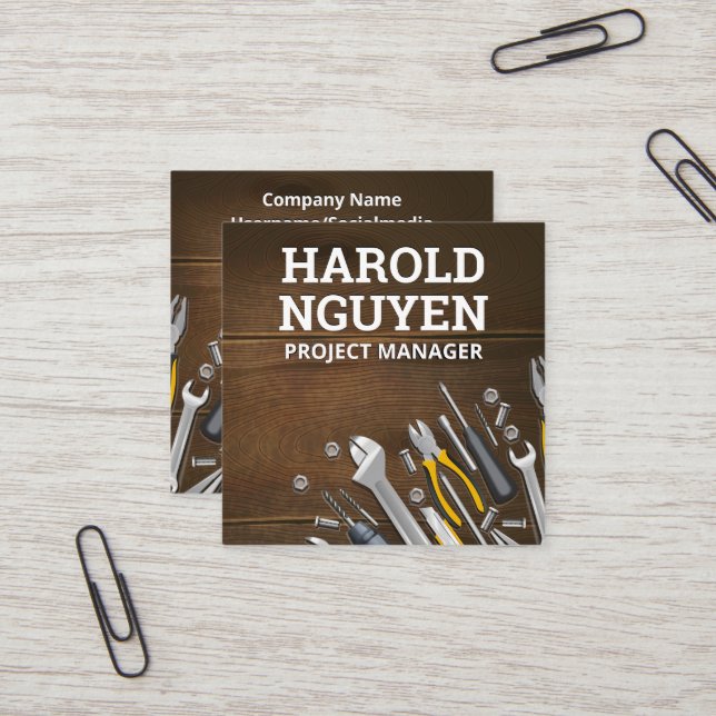 Craftsmen Verktyg Wooden Bord Fyrkantigt Visitkort (Fram/Back In Situ)