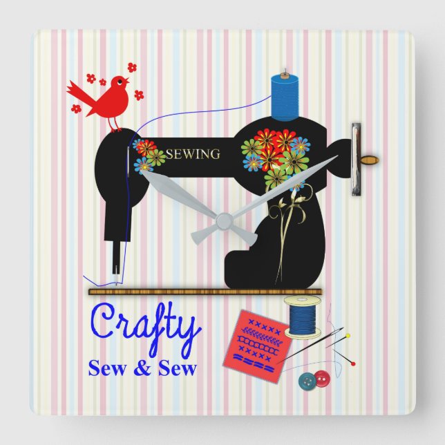 Crafty Sew and Sew Vintage Sewing Maskin Fyrkantig Klocka (Framsida)