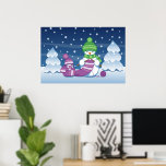 Crafty Snögubbe Knitting Scarf Poster<br><div class="desc">En vektorillustration av två vidlyftiga snögubbar av tecknad klädda i stickade hattar och scarfar. Den stora galningen snögubbe knullar en överdimensionerad sjal för den lilla. Ärren är redan insvepta flera gånger runt den söta lilla snögubbe.</div>