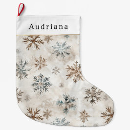 Cräm Blå Bruna Snöflingor Stor Julstrumpa