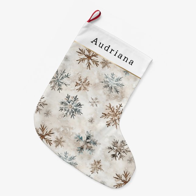 Cräm Blå Bruna Snöflingor   Stor Julstrumpa (Framsidan (Hängande))