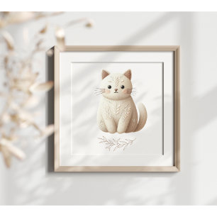 Crämig Beige Katt Boho Broderad Katt Affisch